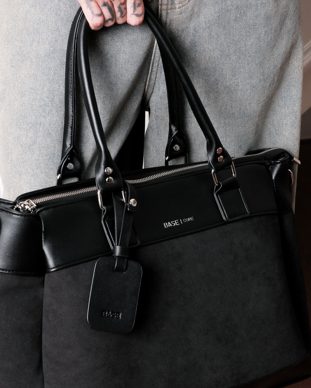 Contrast Suede Tote - Stealth Black